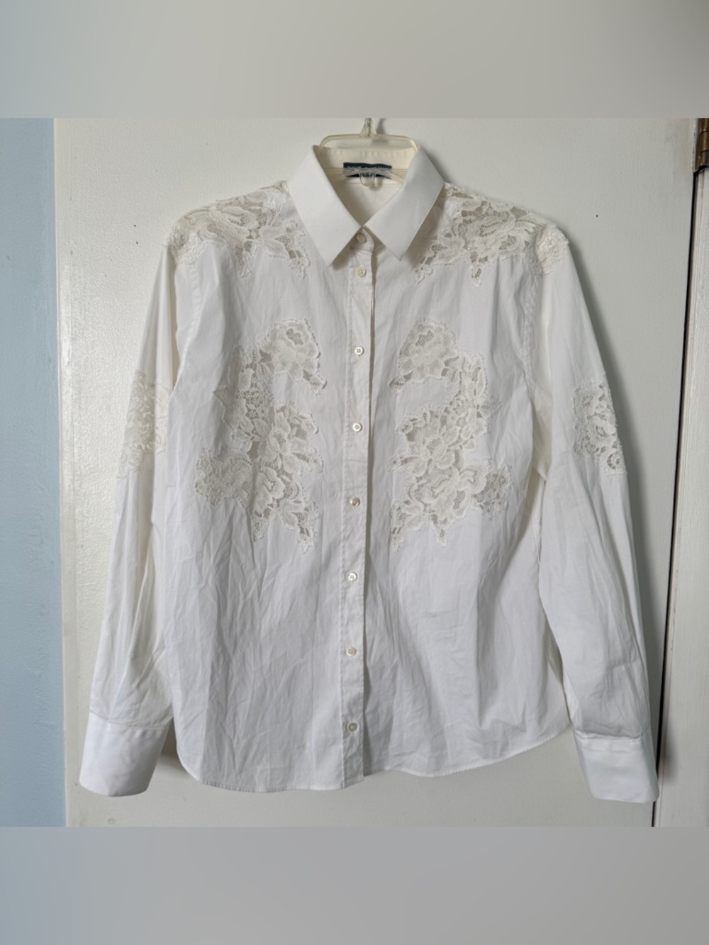 Dolce&Gabbana White Poplin Shirt W/Lace Insert OpenWork Long Sleeve Blouse Sz 44